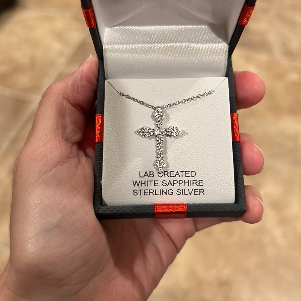 NWT Sterling Silver Lab Created White Sapphire Cross Necklace
